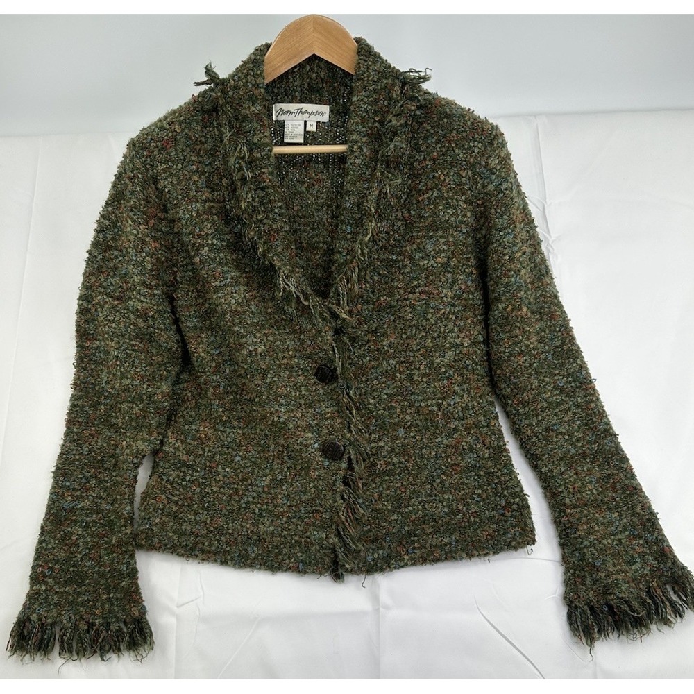 Vintage Norm Thompson Women's Medium‎ Green Button Cardigan Sweater Fringe